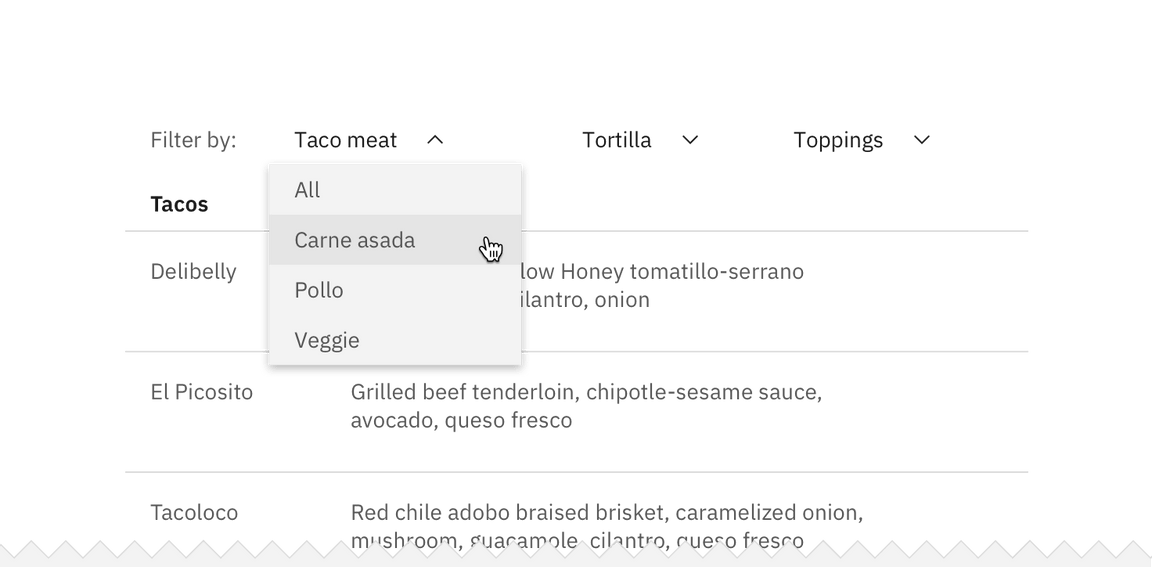 Example of a single selection filter in an inline dropdown